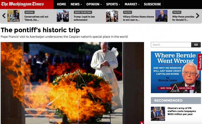 `The Washington Times` Papanın Bakı səfərindən yazdı